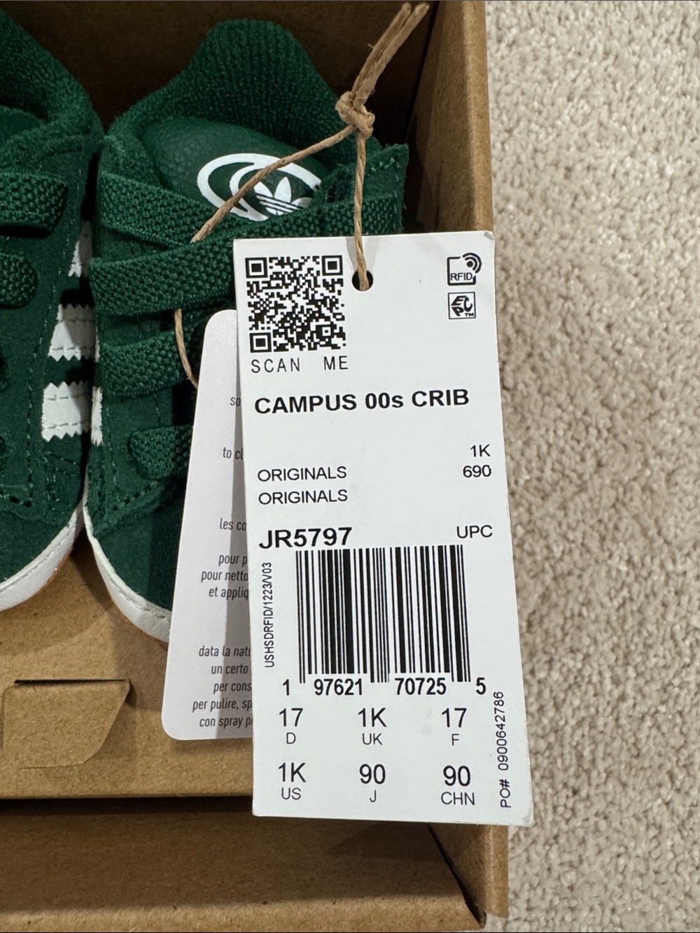 NWT adidas Kids Green & White Campus Crib Sneakers - Picture 8 of 8